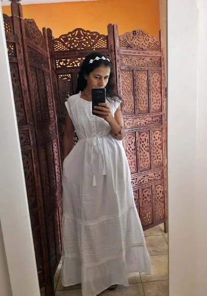 Vestido Longo Branco Lese Bolsos Botões Civil Batizado Festa