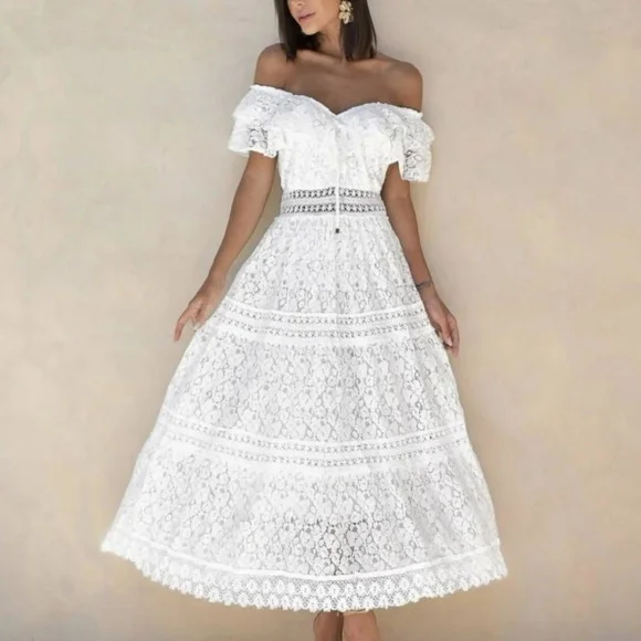 Vestido Longo Branco Renda Guipir Pre Wedding Civil Noiva