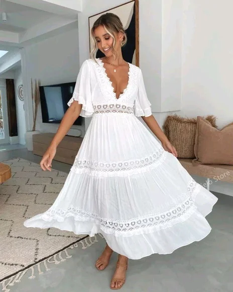 Vestido Longo Branco Renda Grupir Noivado Casamento Civil