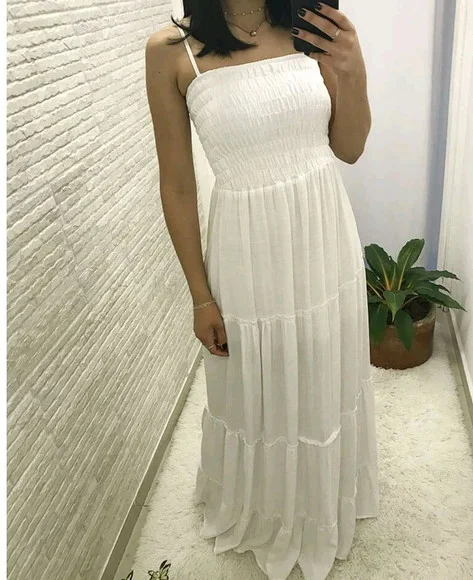 Vestido Longo Lastex Branco Rodado