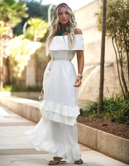 Vestido Longo Manga Ciganinha Babado Casamento Civil Noiva