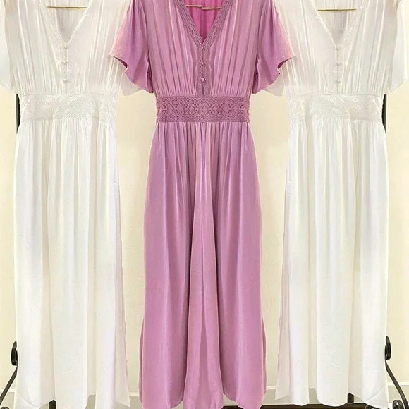 vestido longo tecido renda botões manga curta