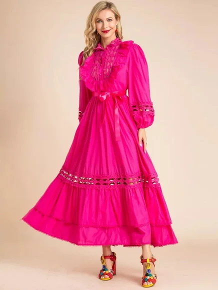 Vestido Pink Detalhes Renda Manga Longa Festa